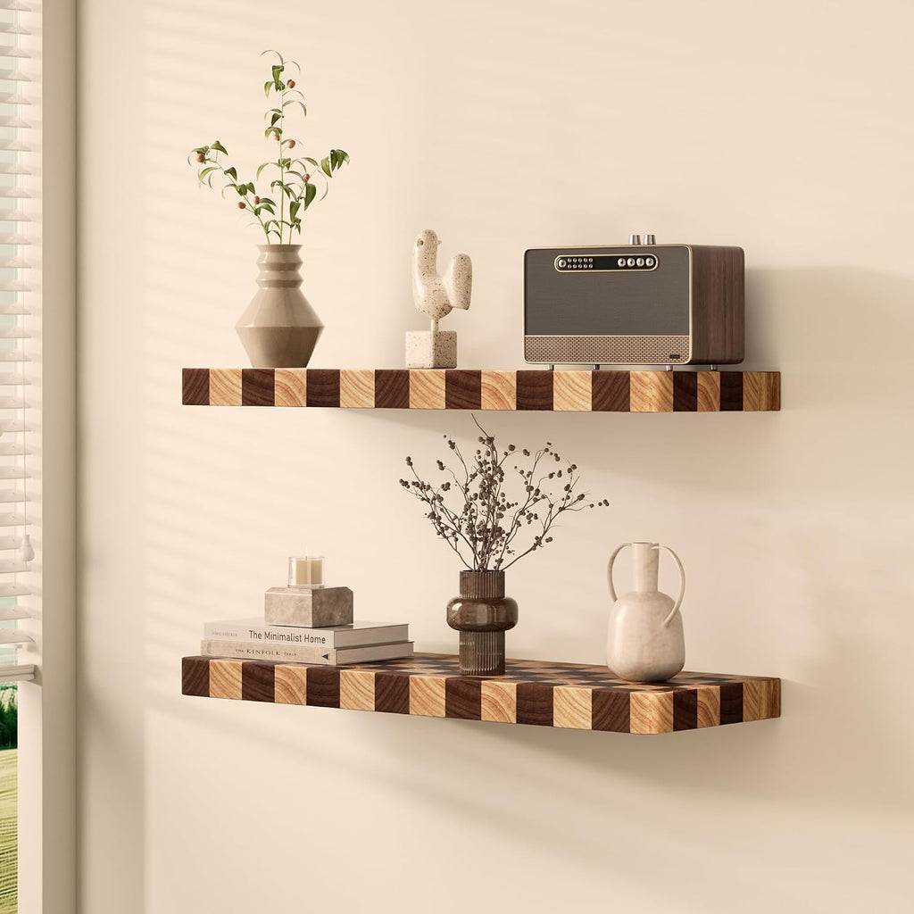 Floating Shelves for Wall, Solid Checkered Wood Wall Shelves 16 Inch | Heavy-Duty, Invisible Bracket, Solid Wood
