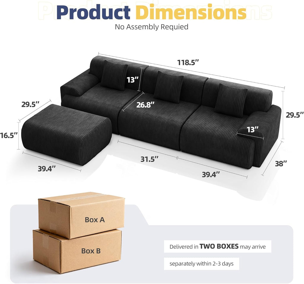 118" Modern L Shaped Modular Sectional Sofa, Boneless Cloud Couch with Ottoman, Oversized Corduroy Couch Deep Seat