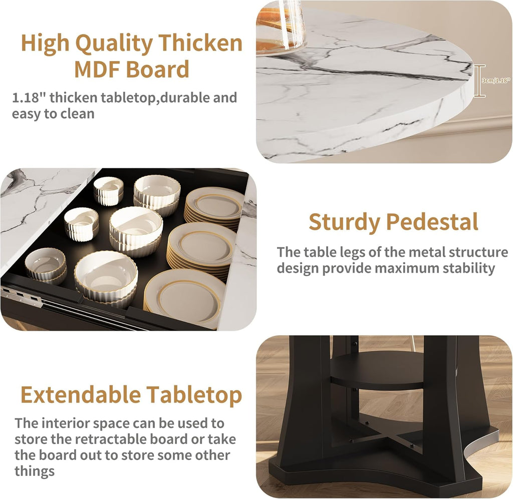 Extendable Dining Table 43"-59" for 4-6, Marble Round Kitchen Dining Room Table with 2 Tier Storage Shelves