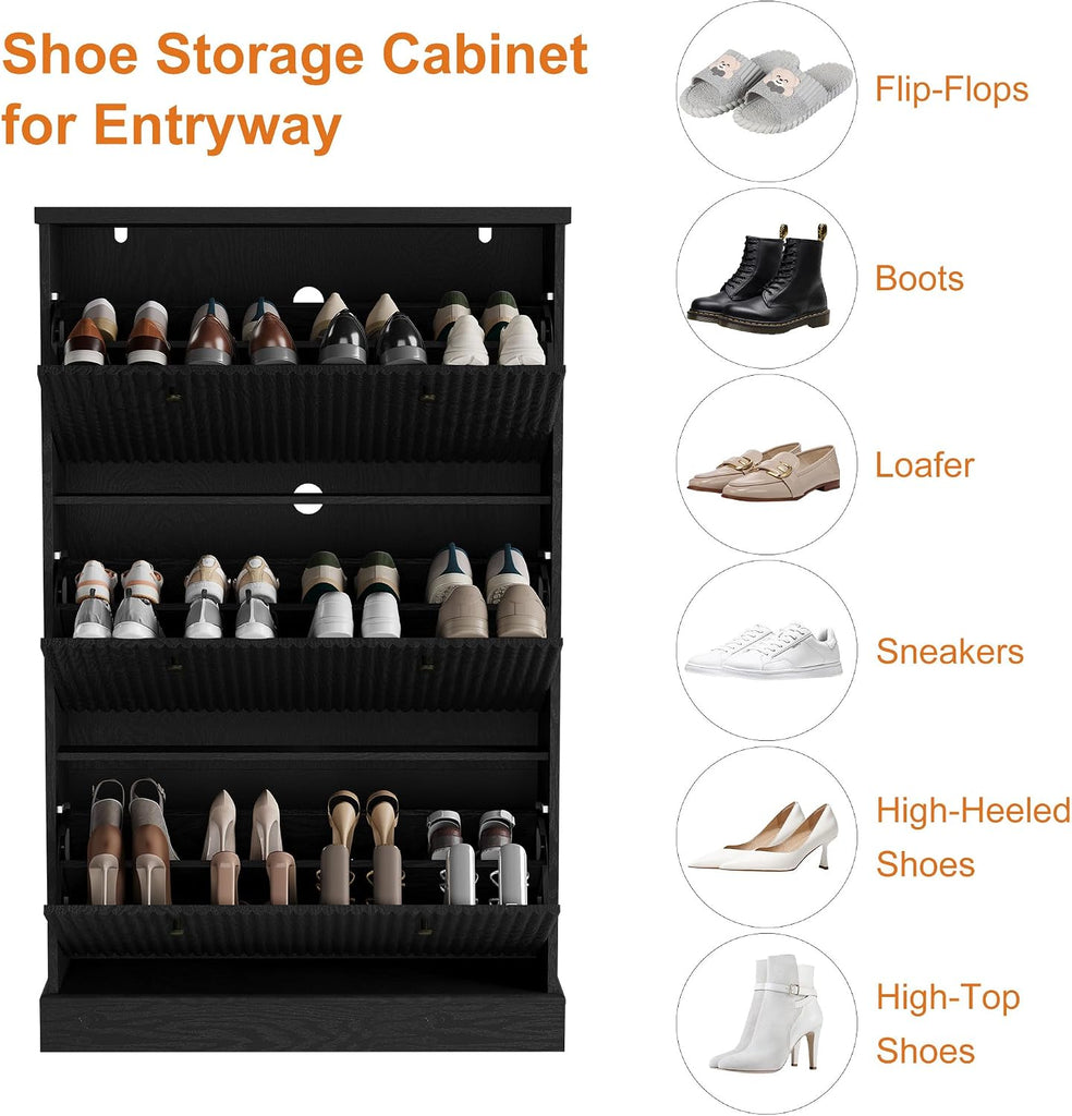 Fluted Shoe Cabinet Storage with 3 Flip Drawers, Wooden Fluted Narrow Shoe Organizer with Adjustable and Removable