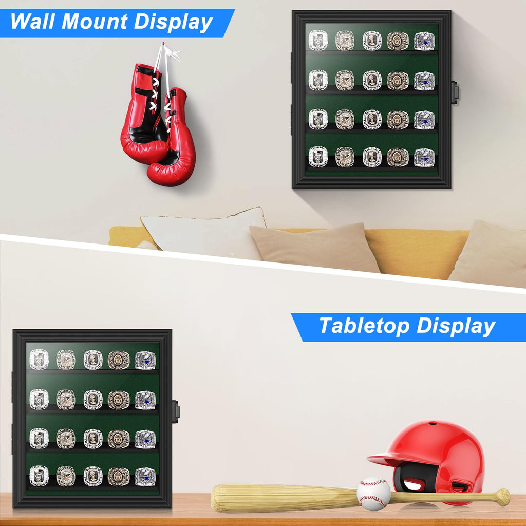 Championship Ring Display Case, Lockable Baseball Ring Holder with 20 Posts, Wooden Shadow Box Wall Mount for