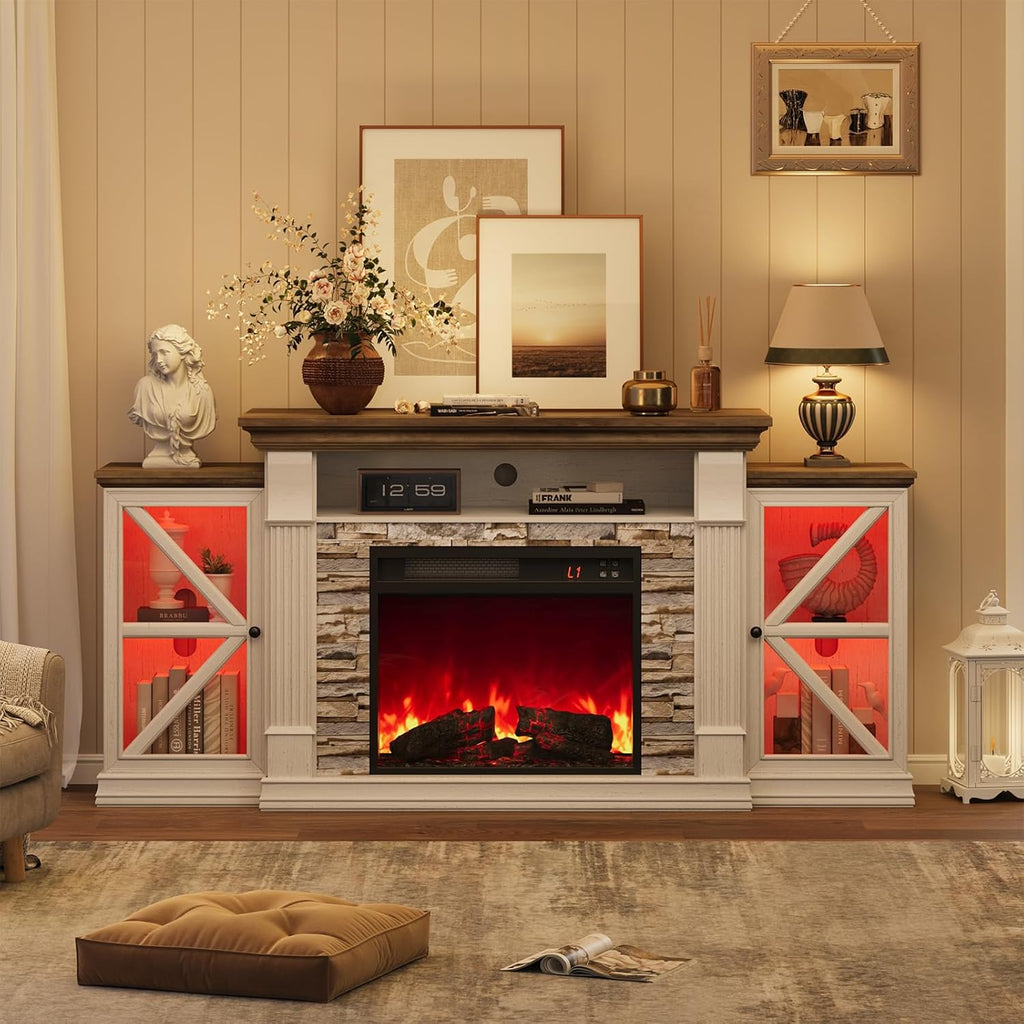 Electric Fireplace TV Stand, 70" Farmhouse Entertainment Center with Open Shelf and Glass Barn Door Cabniet, Modern