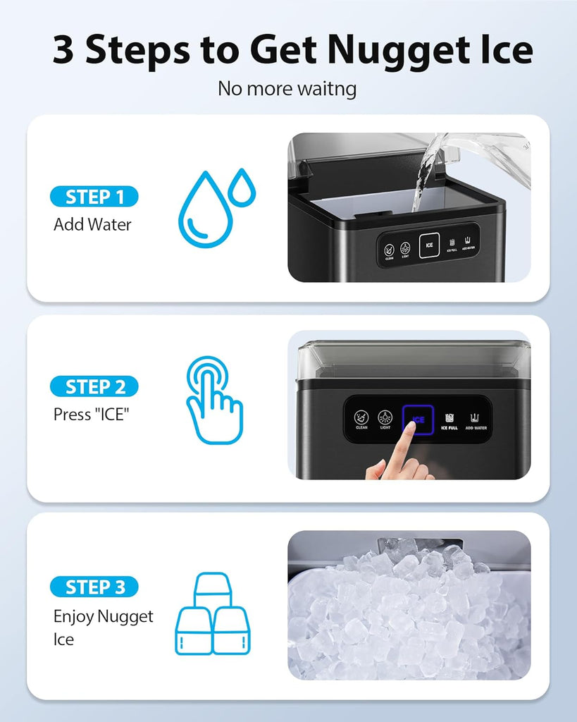 Nugget Ice Maker Countertop, Pellet Ice Machine Soft Chewable Ice 40lbs/Day, One-Click Operation, Auto Self-Cleaning