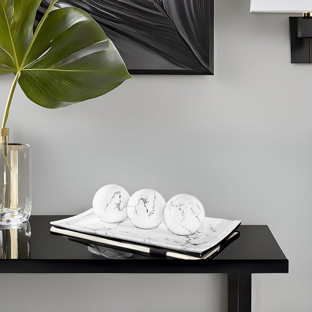 White Marble Look Home Decor Tray and Orb Set Coffee Table Decor Centerpiece Table Decorations for Dining Table