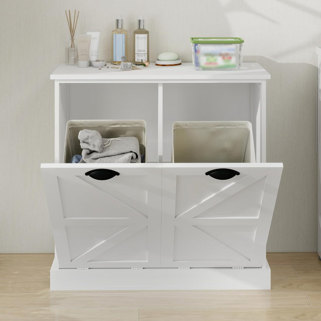 Laundry Hamper Cabinet with Removable Basket, Double Tilt Out Laundry Hamper, Wood Bathroom Storage, Free Standing
