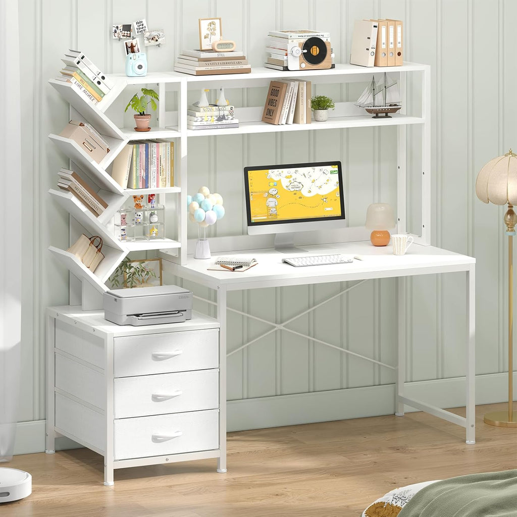Reversible Computer Desk with Hutch, Home Office Desk with Drawers and Bookshelf