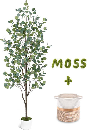 6FT Fake Eucalyptus Tree with Natural Wood Trunk, Artificial Eucalyptus Tree with Planter & Basket, Tall Faux Plant