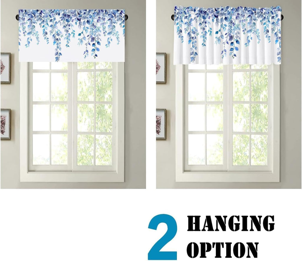 Valances for Windows Blue Eucalyptus Leaf Rod Pocket Cafe Window Treatments Valance Curtains for Kitchen Bathroom