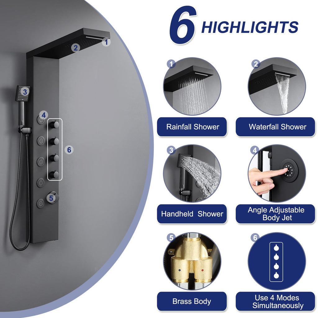 4-in-1 Rainfall Waterfall Shower Panel Tower System, Matte Black