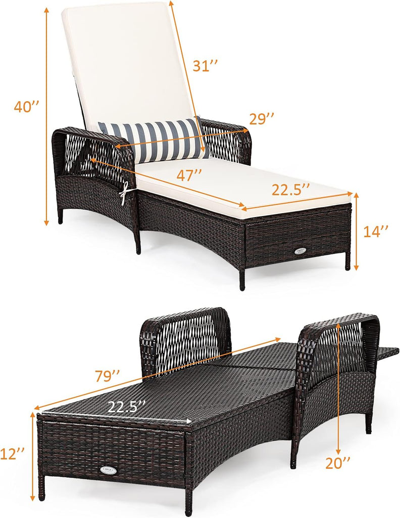 PE Rattan Chaise Lounge Chair, 6 Gear Adjustable Recliner with Armrest & Pillow, Wicker Outdoor Furniture for Deck