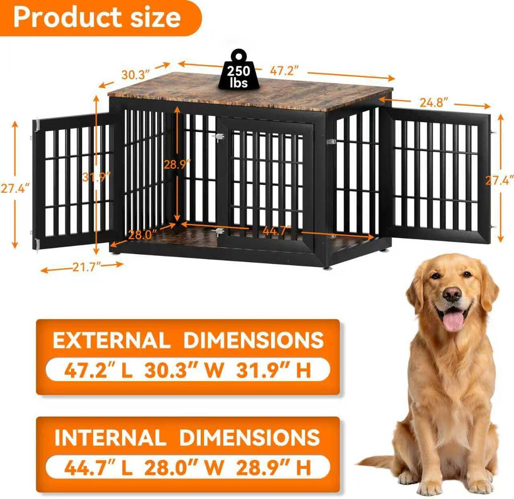 48" Heavy-Duty Dog Crate Furniture for Large Dogs, XXL Wooden Dog Cage Kennel Indoor Furniture