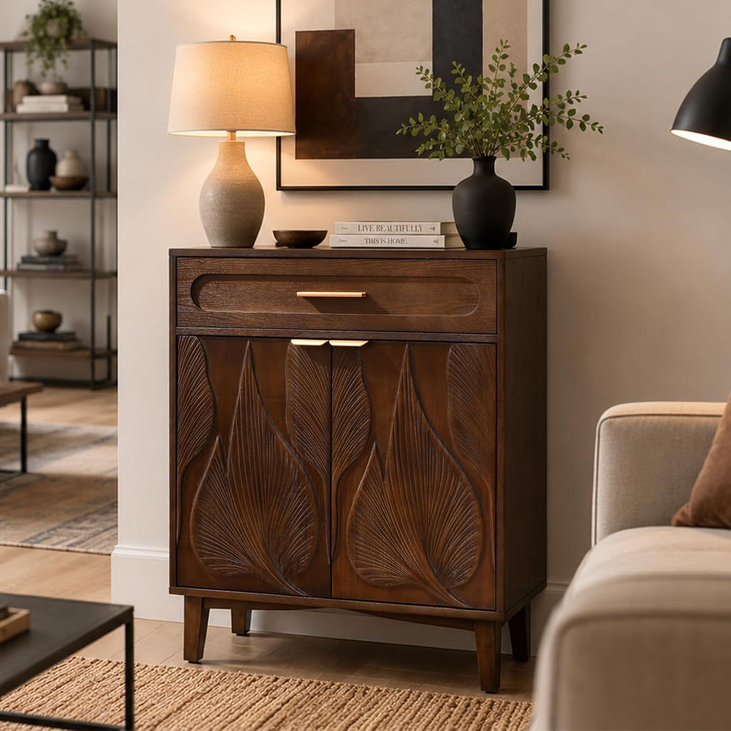Mid Century Modern Accent Cabinet with Drawer and Carved Leaf Pattern Doors, Storage Sideboard Cabinet with