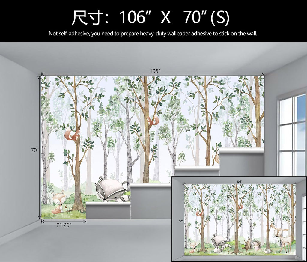 Nursery Animals Forest Wallpaper Mural for Kids Room Bedroom | 106"x70" Not Peel and Stick