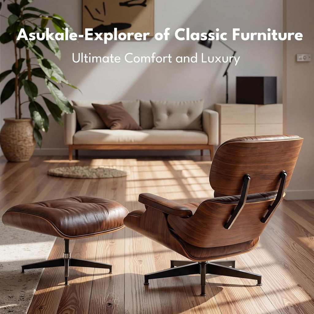 Modern Reading Chair and Ottoman — Walnut Leather