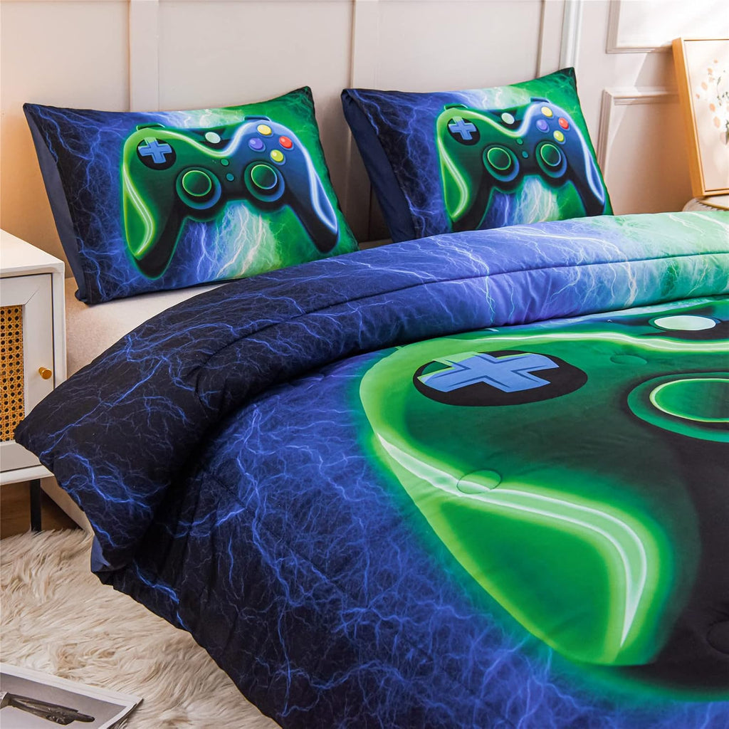 Gamer Gaming Bedding Sets Red Blue Lightnings Gamepad Comforter Set for Boys Games Console Action Buttons Novelty