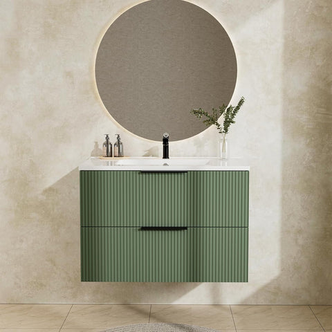 30-Inch Floating Bathroom Vanity with Ceramic Sink – Wall-Mounted Fluted Cabinet with Drawers, Modern Green Finish
