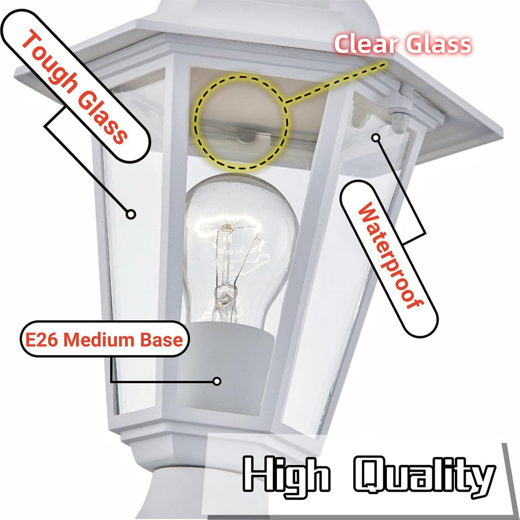 White Outdoor Post Light, Pole Lantern, E26 Base 60W Max, Aluminum Housing Plus Glass, Wet Location Rated