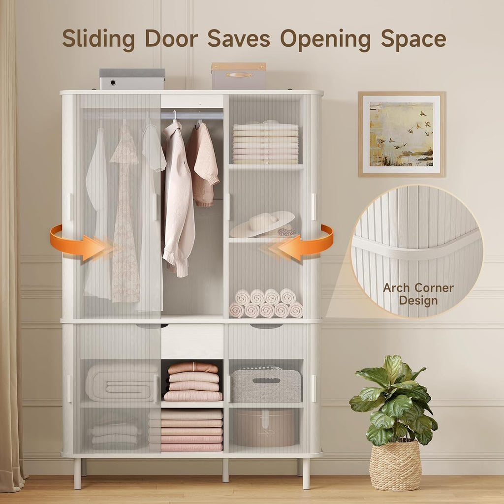 Armoire Wardrobe Closet with Sliding Doors and 2 Drawers, 71" Mid-Century Modern Bedroom Armoires with Hanging Rod