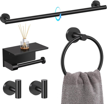 Bathroom Hardware Set Black, 5 Piece Bathroom Towel Bar Holder Sets | SUS304 Stainless Steel, 23.6" Toilet Paper