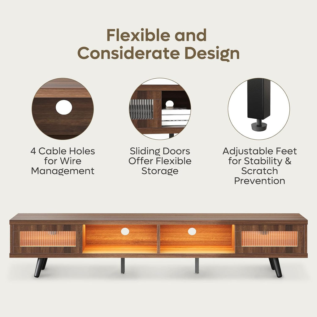 Mid Century Modern TV Stand for 75 inch TV, LED Entertainment Center with Storage and Sliding Doors, Low Profile TV