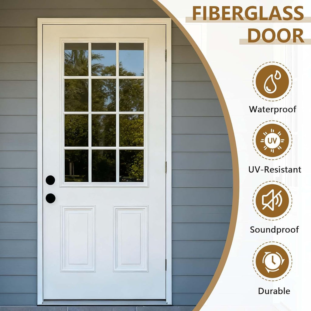 36 X 80 Exterior Door with Glass, Modern Front Door for House Exterior, Entry Doors for Home, Primed Fiberglass, Left