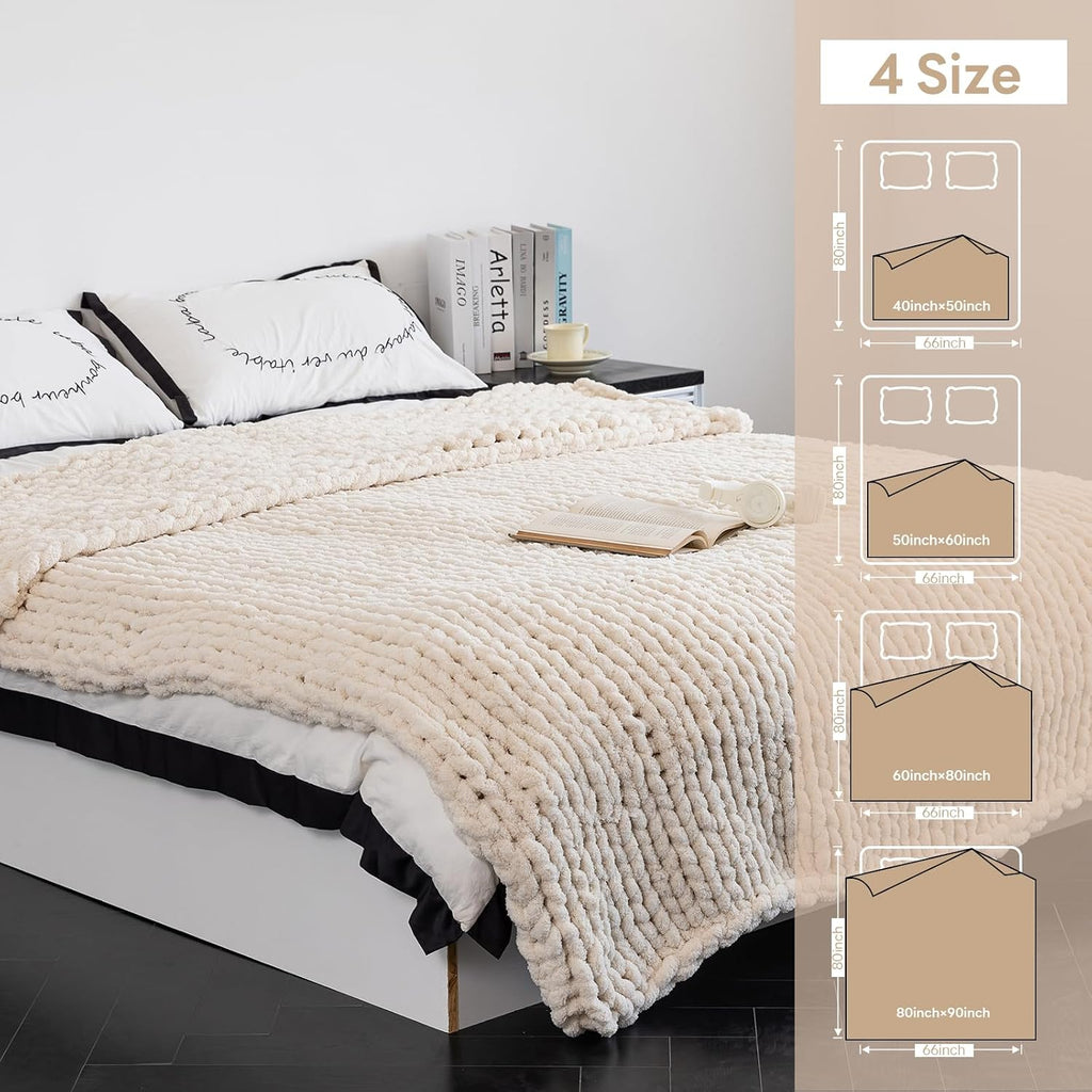 Chunky Knit Blanket - Luxury Soft Cozy 60 * 80 Throw Blanket, 100% Handmade Chenille Yarn Woven Blanket, Gift