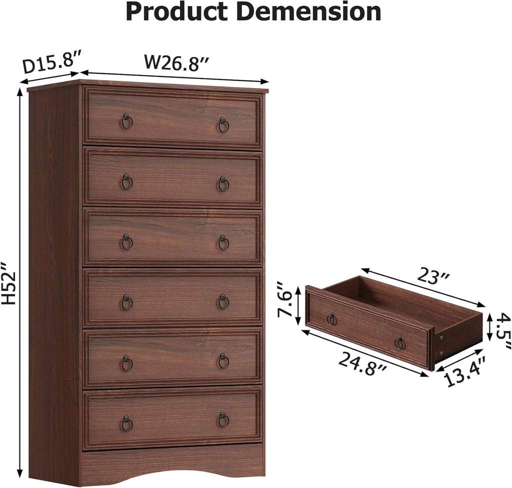 Cherry Wood Dresser 52" Tall , Wood 6 Chest Drawers, 6 Drawer Dresser, Storage for Clothes, Narrow Large Drawers