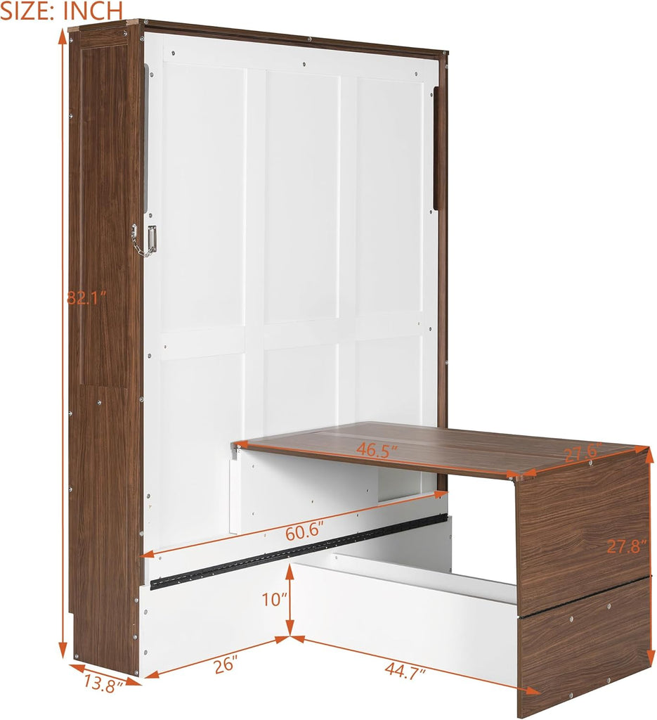 Full Murphy Bed with Desk, Wood Folding Hideaway Space Saving Murphy Wall Bed for Adults (White)