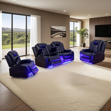 Power Recliner Sofa Set with LED Lights, Black Leather Reclining Loveseat and Chairs with Storage Console, USB Ports