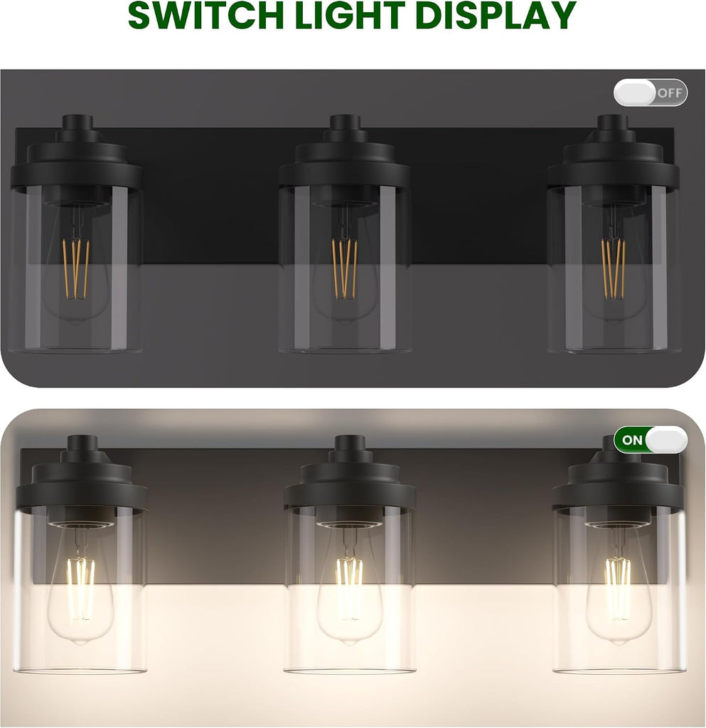 Bathroom Vanity Light, 3-Light Modern Black Vanity Light Fixtures with Clear Glass Shade, 22in Matte Black Bathroom