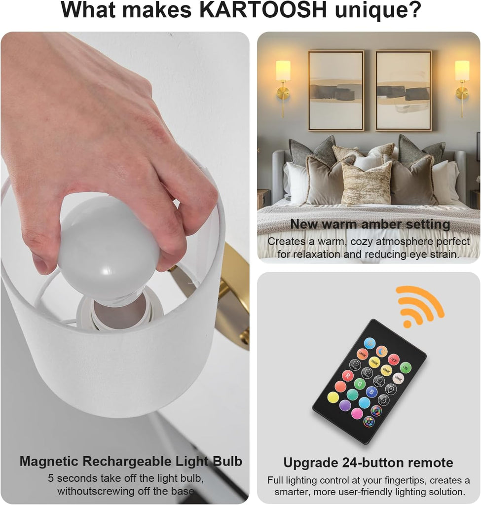 Battery Operated Wall Sconces Set of Two,Wireless Rechargeable Wall Light With Remote Control, Dimmable, Amber