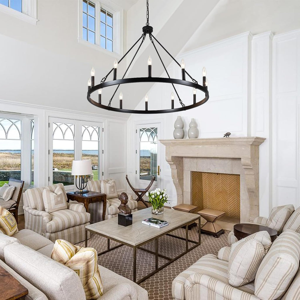12-Light Black Wagon Wheel Chandelier for Dining Room Farmhouse Pendant Light Fixtures Outdoor for Rustic High