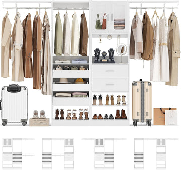 6.7FT-10FT Closet System Set with Half-Open Drawers, 80.5''-120" Wooden Modular Wardrobe Set with Shelving Towers