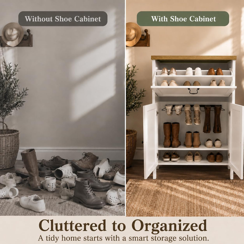 Shoe Cabinet with Flip Drawer, Shoe Storage Cabinet with Boot Rack and 6 Boot Clips, Narrow Entryway Shoe Cabinet
