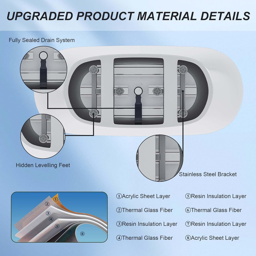 67" Oval Freestanding Soaking Bathtub with Toe-Tap Chrome Drain & Adjustable Leveling Feet, Stand Alone Tub, Acrylic