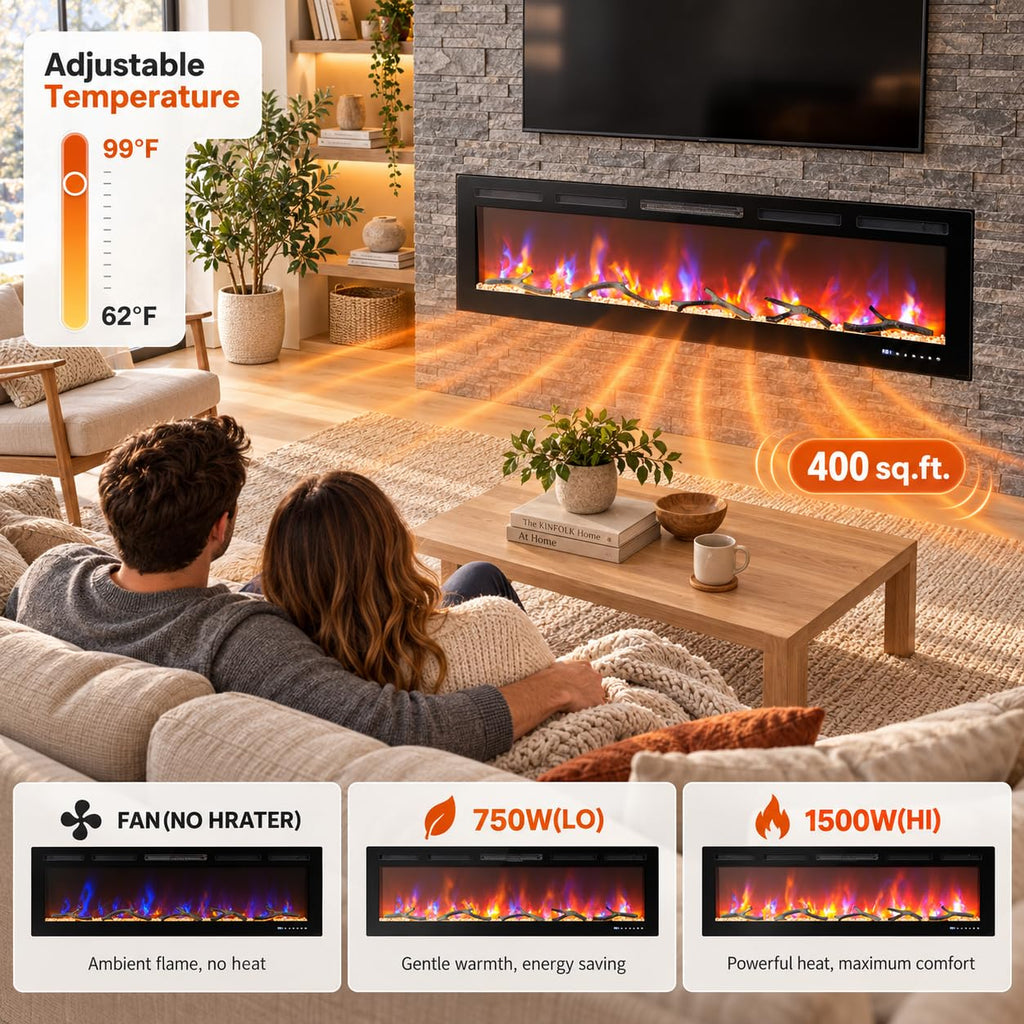 36 Inch Electric Fireplace Insert, Recessed or Wall Mounted