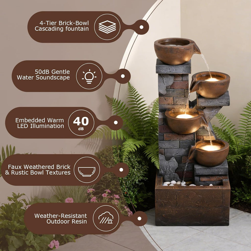 33.5" Tall Outdoor Water Fountain,4 Tiered Cascading Bowl Outdoor Freestanding Fountains with Light