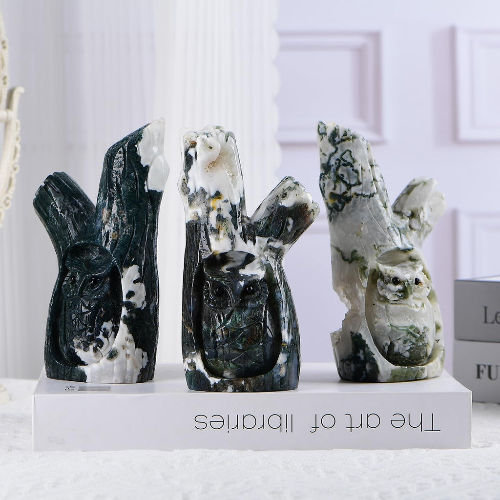 Natural Crystal Hand-Carved Tree Hole Owl Statues Hand Carved Reiki Healing Stone Statue Healing Home Office Art Room