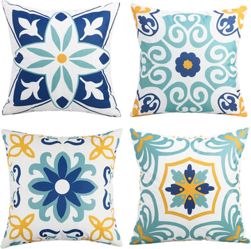 Outdoor Waterproof Throw Pillow Covers Set of 4 Floral Printed and Boho Farmhouse Summer Outdoor Pillow Covers