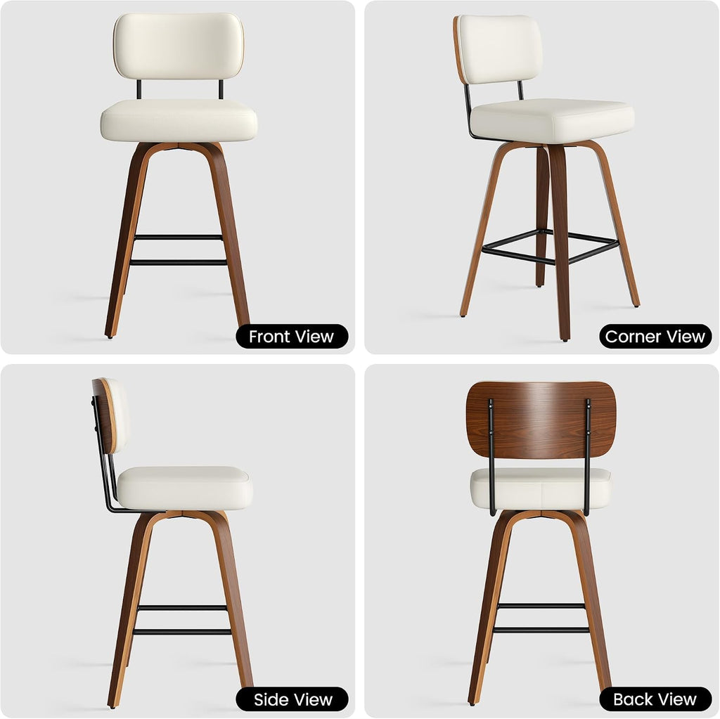 Swivel Bar Stools Set of 2, 26" Upholstered Faux Leather Counter Height Barstools with Walnut Back & Bentwood Legs