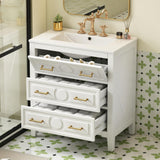 30 Inch Bathroom Vanity with Sink, Freestanding Solid Wood Cabinet with 3 Drawers, Tip-Out Drawer, Ceramic Sink & Gold Handles