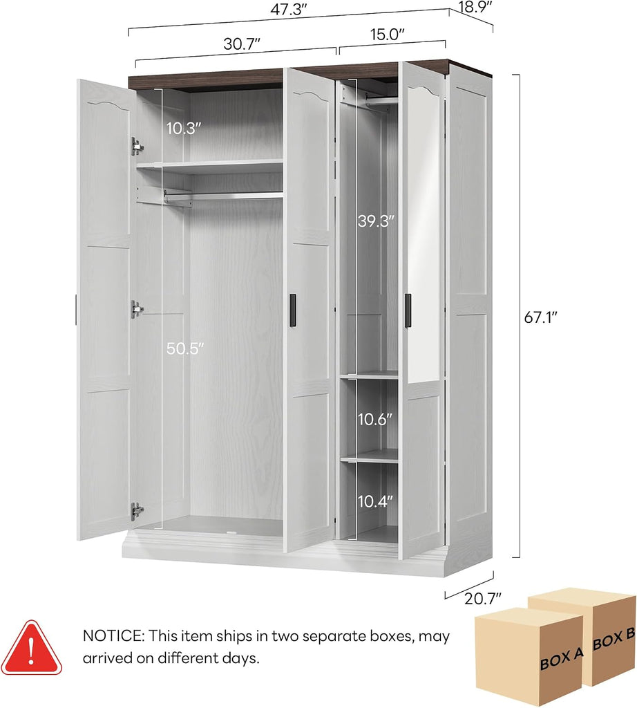 3-Door Armoire Wardrobe Closet with Mirror and 2 Hanging Rods | Long & Short Hanging Zones / 3 Shelf Levels /
