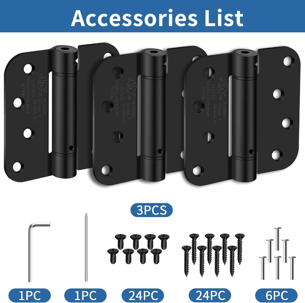 4 Inch Self Closing Door Hinges, 5/8" Radius Corners Spring Loaded Hinges , Garage, Front and Back Door, UL Listed
