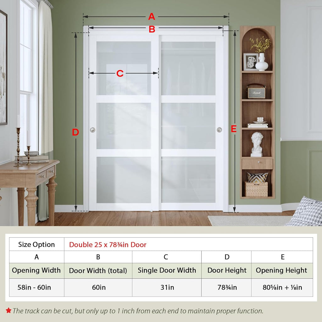 60"×80"(Double 31") Sliding Closet Door, 3-Lite Frosted Glass, Bypass Barn Door with Hardware Kit In
