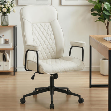 Leather Office Chair, Comfy Home Office Desk Chair, Mid Century Modern Office Chair with Lumbar Support, Adjustable