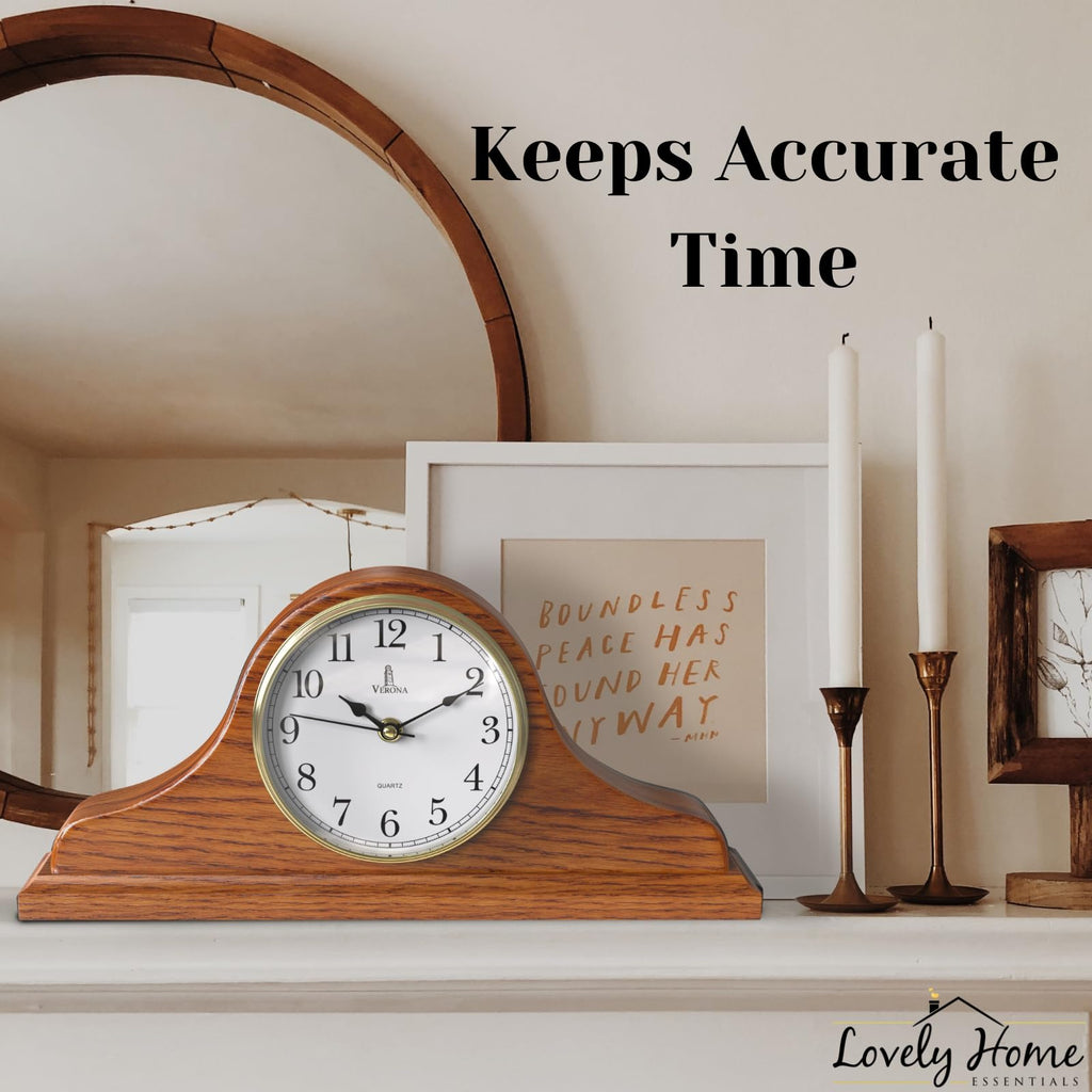 Mantel Clock for Fireplace, Solid Wood Silent Non-Chiming Mantle Clock