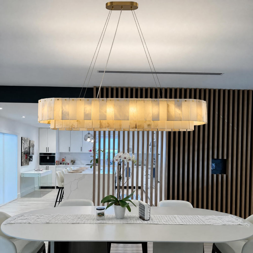 48 Inch Large Rectangular Alabaster Chandelier, 18 Light Modern Linear Pendant Light with Natural Stone Panels