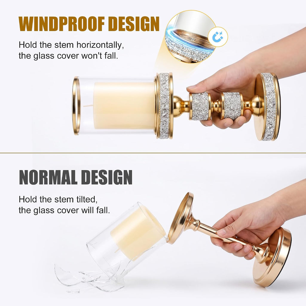 Hurricane Candle Holder, 13.5" Tall Metal Candle Stand, Glass Pillar Candle Holders, Crystal Gold Decorative