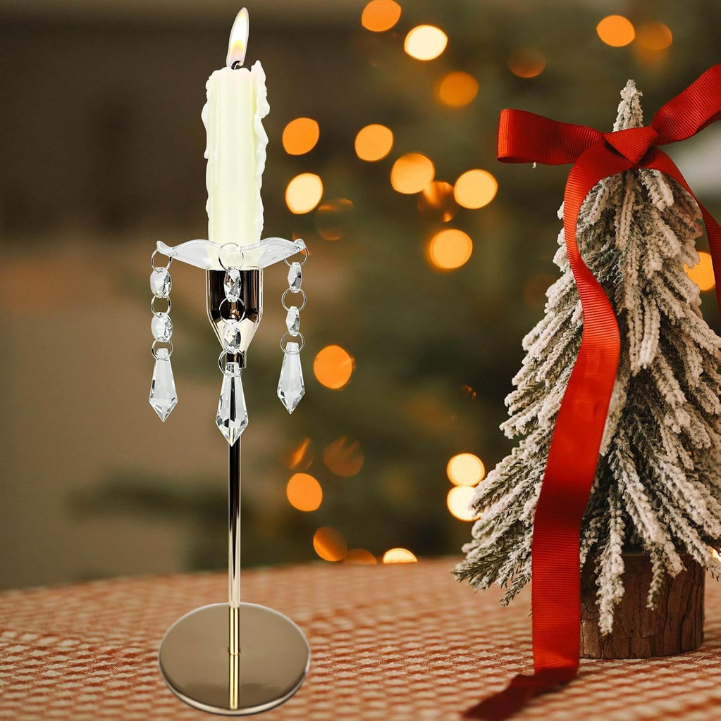 4 Pieces Bent Glass Candle Bobeches with Crystal Prisms Pendant, Taper Candle Wax Catcher Rings
