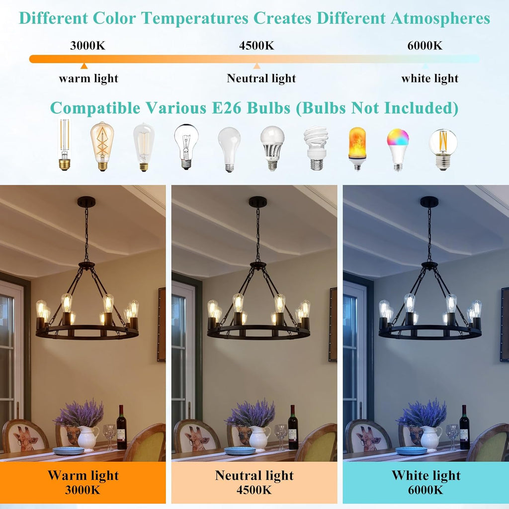 Inspired Camino Style Chandelier - 8 Lights Wagon Wheel Chandelier, Black Kitchen Island Lighting Fixture Round Metal Industrial Farmhouse Dining Room Pendant Light for Living Room Foyer Entryway,E26 Socket, 23.6". Height Adjustable